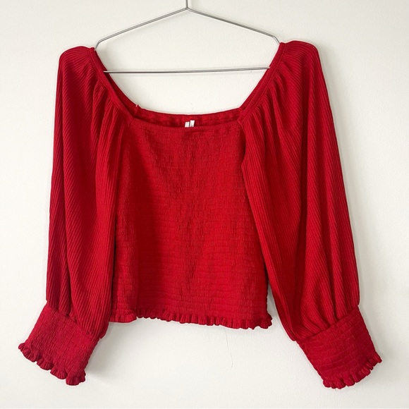 by Anthropologie Smocked Puff Half Sleeve Lettuce Trim Blouse Top - Picture 3 of 7